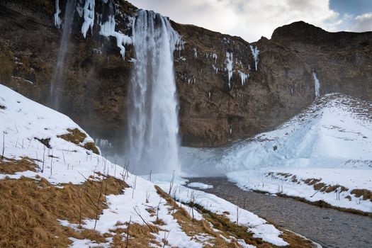 Beautiful Seljalandsfoss on a cold winter day, Iceland, Europe