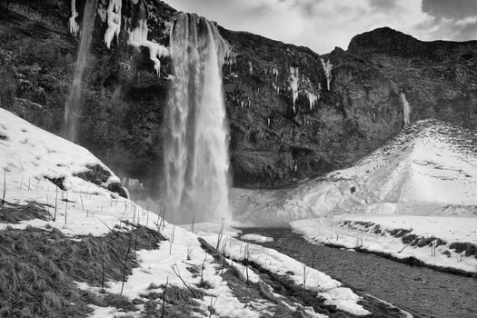 Beautiful Seljalandsfoss on a cold winter day, Iceland, Europe