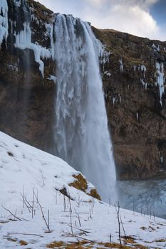 Beautiful Seljalandsfoss on a cold winter day, Iceland, Europe