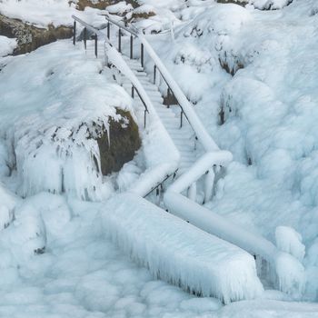 Frozen stairs, winter in Iceland, Europe