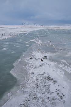 Panoramic view on a frozen river, winter in Iceland, Europe