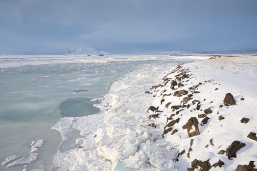Panoramic view on a frozen river, winter in Iceland, Europe