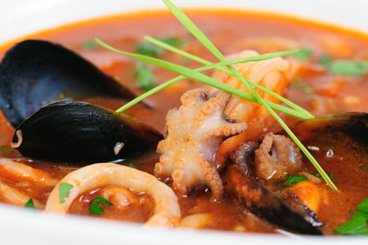 Seafood Soup in white dish, japanese cuisine