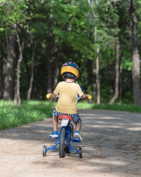 Rear view of Asian toddler boy riding tricycle at nature park near Dallas, Texas, USA. Healthy kid cycling with helmet, short and sneaker on park concrete pathway