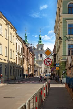 CHISINAU, MOLDOVA - APRIL 19, 2019: Street view of the St. Florian's Church in Krakow, Poland