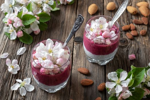 Layered chia pudding with almond milk, yogurt, blueberries and apple blossoms