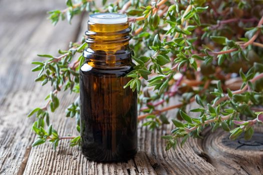 A bottle of essential oil with fresh thyme twigs