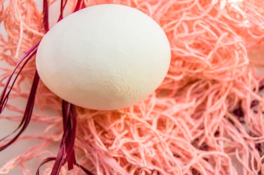 Easter concept, white egg on pink background, woven fabric nest, top view, copy space, sunlight.