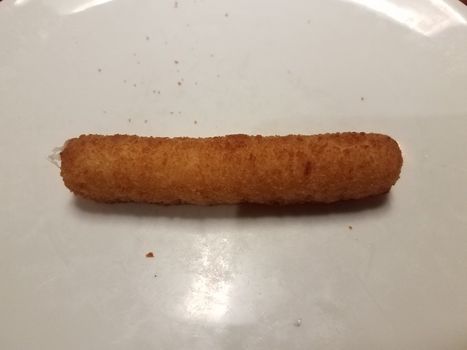 fried breaded mozzarella cheese stick appetizer on white plate