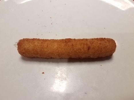 fried breaded mozzarella cheese stick appetizer on white plate