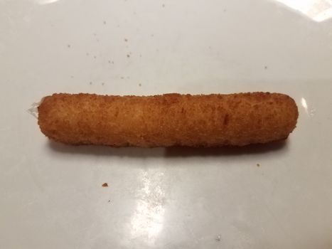 fried breaded mozzarella cheese stick appetizer on white plate