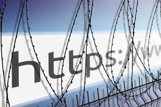 Image of the address bar of the website is blocking the fence with barbed wire - blocked Internet concept.