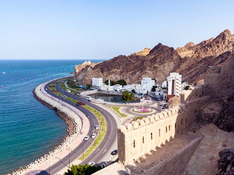 Panoramic view of the city Muscat capital of Oman and the coast of the Gulf of Oman from Fort Muttrah.