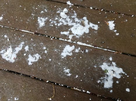 wet white chalk substance on brown wood deck or ground