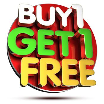 Buy 1 Get 1 Free 3D rendering on white background.