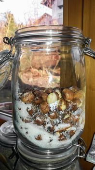 Many hazelnuts and sugar in a big glass