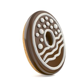 Number ZERO 0 chocolate Christmas gingerbread font decorated with white lines and points. 3D render illustration isolated on white background
