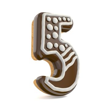 Number FIVE 5 chocolate Christmas gingerbread font decorated with white lines and points. 3D render illustration isolated on white background