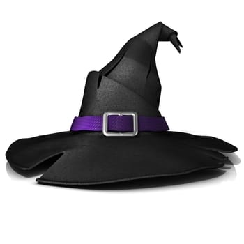 Halloween, witch hat. Black hat with purple belt. Isolated on white background