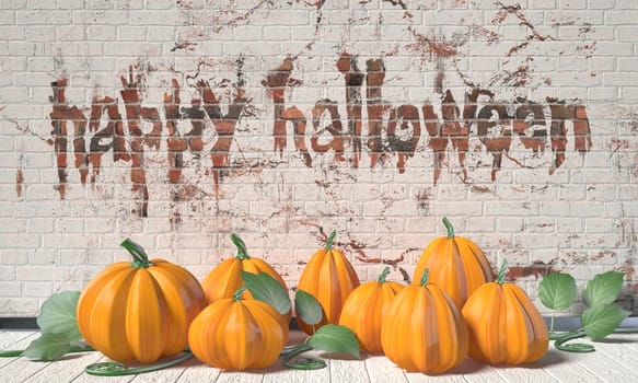 Happy Halloween greeting with pumpkins and green leafs on wooden floor. 3D render illustration background