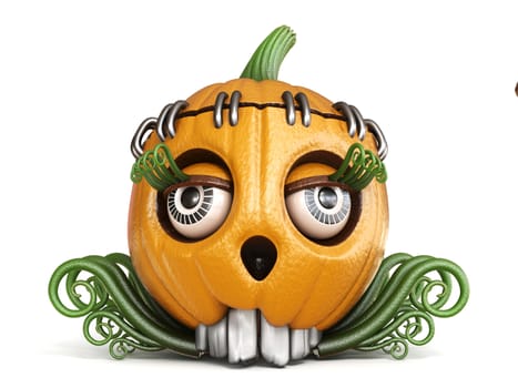 Halloween pumpkin Jack O Lantern lady 3D render illustration isolated on white background