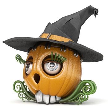 Halloween pumpkin Jack O Lantern lady with witch hat 3D render illustration isolated on white background