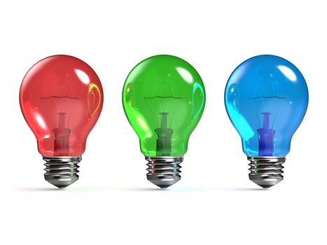 RGB red, green and blue light bulbs 3D render illustration isolated on white background