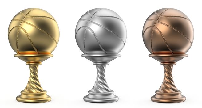 Gold, silver and bronze trophy cup BASKETBALL 3D render illustration isolated on white background