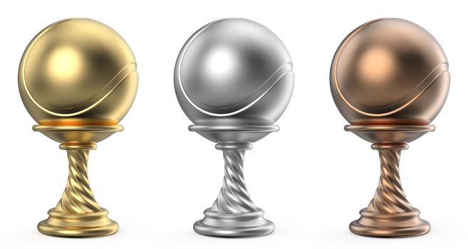 Gold, silver and bronze trophy cup TENNIS 3D render illustration isolated on white background