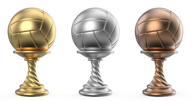 Gold, silver and bronze trophy cup VOLLEYBALL 3D render illustration isolated on white background