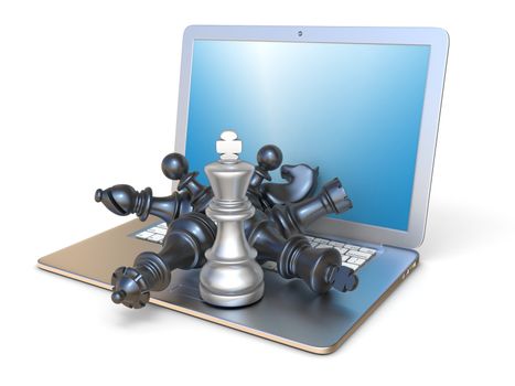 Chess pieces on open laptop side view 3D render illustration isolated on white background