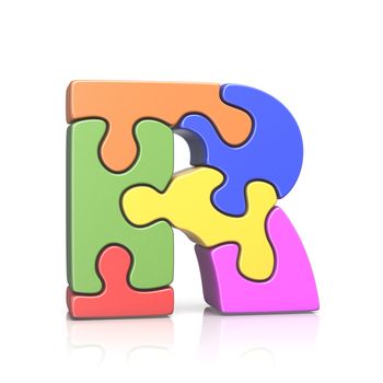 Puzzle jigsaw letter R 3D render illustration isolated on white background