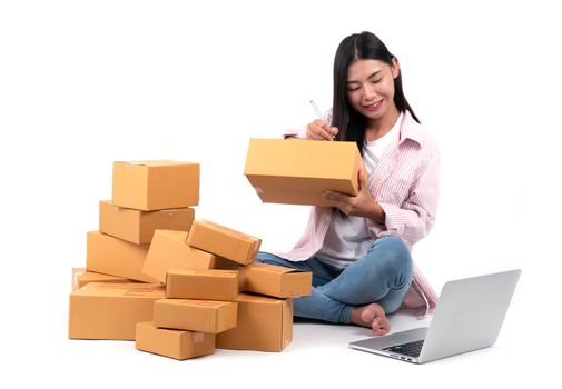 woman working sell online on white background