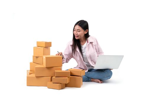 woman working sell online on white background