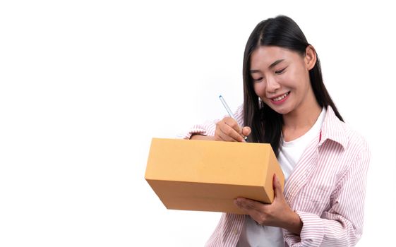 woman working sell online on white background