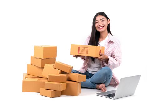 woman working sell online on white background