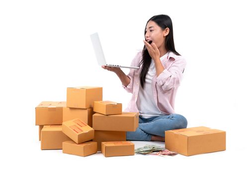 woman working sell online on white background