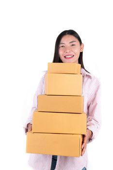 woman holding parcel box for delivery to customer or holding box from online shopping