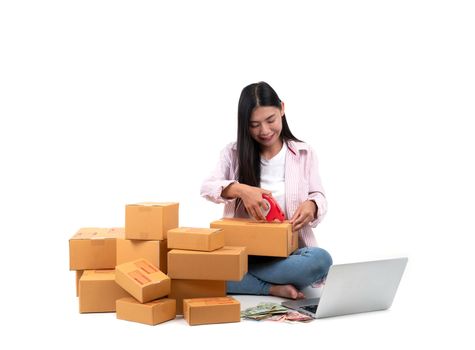 woman working sell online on white background