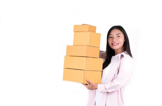 woman holding parcel box for delivery to customer or holding box from online shopping