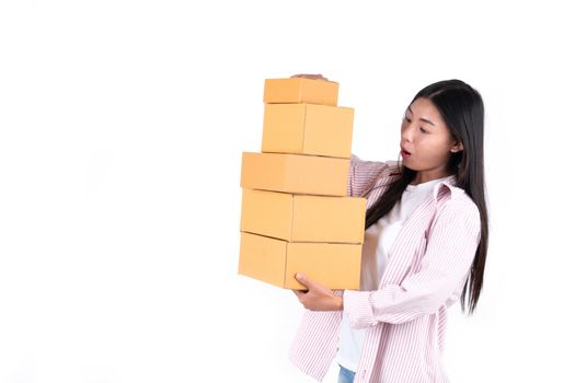 woman holding parcel box for delivery to customer or holding box from online shopping