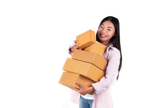 woman holding parcel box for delivery to customer or holding box from online shopping