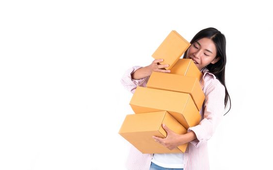 woman holding parcel box for delivery to customer or holding box from online shopping