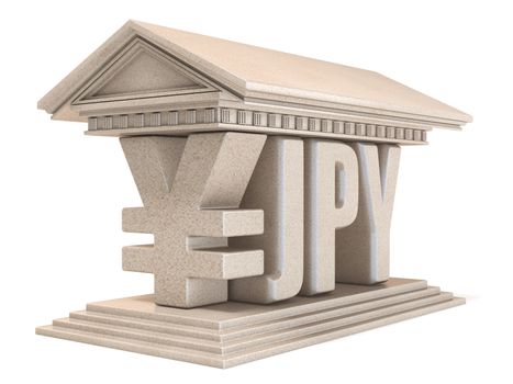 Japanese yen JPY currency sign temple 3D render illustration isolated on white background