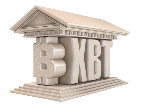 Bitcoin XBT currency sign temple 3D render illustration isolated on white background