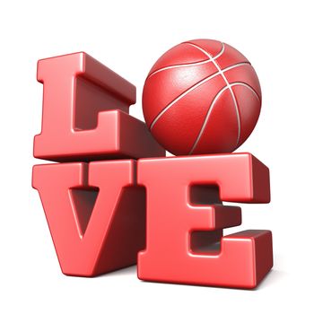 Word LOVE with basketball ball 3D render illustration isolated on white background