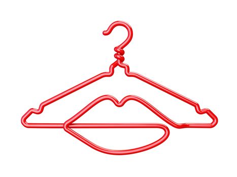 Red wire clothes hangers lips shaped 3D render illustration isolated on white background.