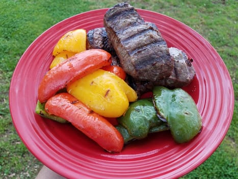 hand holding red plate with grilled steak and red yellow and green peppers over grass