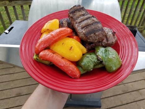 hand holding red plate with grilled steak and red yellow and green peppers on deck with barbecue grill