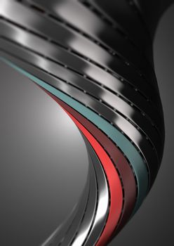 3D illustration artwork. Metallic vortex with three colored stripes over grey background. Vertical image